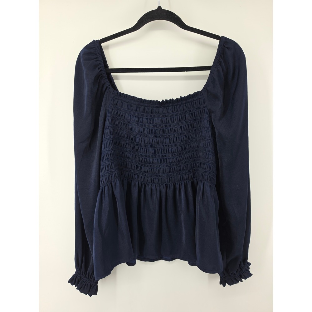 Gap Navy Blue Smocked Square Neck Peplum Blouse Long Sleeve Ruffle Cuff L